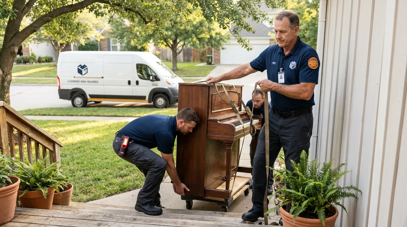 Licensed piano movers securing grand piano in Raceland, LA