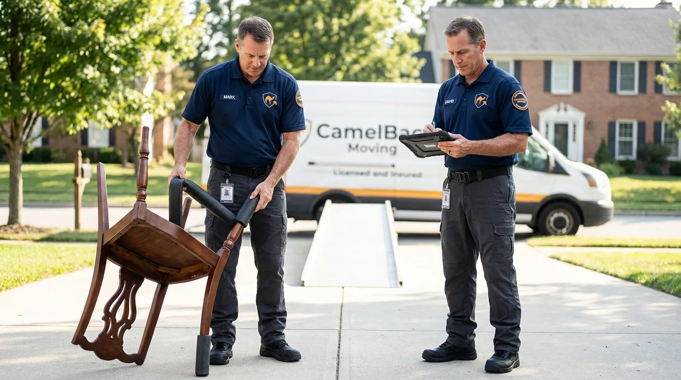 Movers inspecting furniture for damage prevention before loading in Raceland, LA