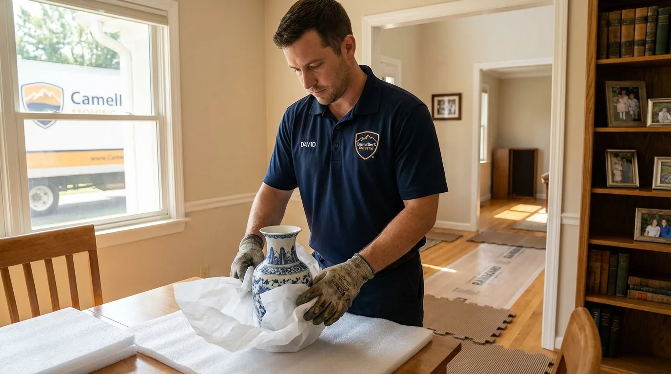 Professional crew carefully wrapping antique vase for senior downsizing move in Raceland, LA
